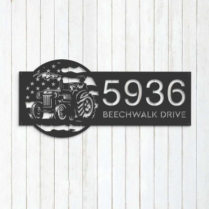 Farm Metal Sign, Personalized Farmer on Tractor USA Flag Address Sign House Number Plaque Custom Metal Sign