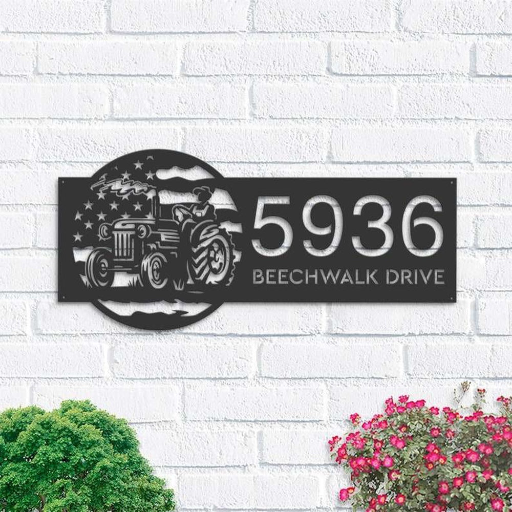 Farm Metal Sign, Personalized Farmer on Tractor USA Flag Address Sign House Number Plaque Custom Metal Sign