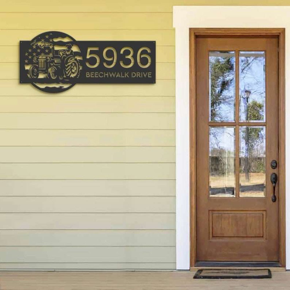 Farm Metal Sign, Personalized Farmer on Tractor USA Flag Address Sign House Number Plaque Custom Metal Sign