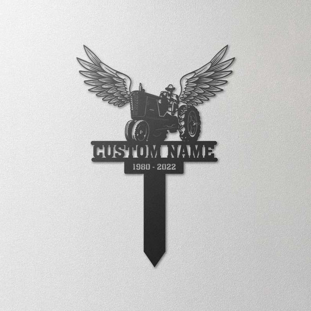 Farm Metal Sign, Personalized Farmer with Wings Memorial Sign Yard Stakes Grave Tractor Marker Cemetery Decor Custom Metal Sign
