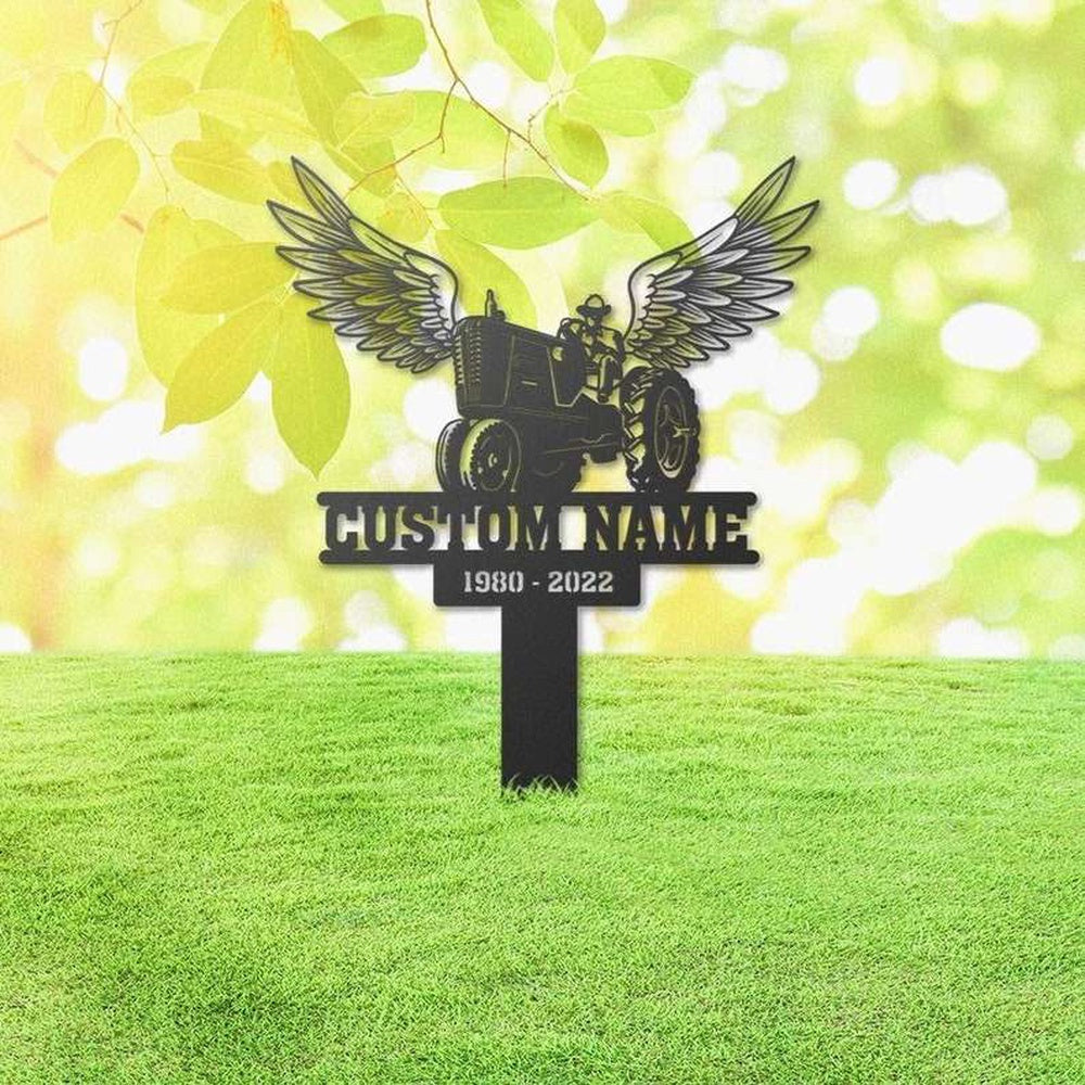 Farm Metal Sign, Personalized Farmer with Wings Memorial Sign Yard Stakes Grave Tractor Marker Cemetery Decor Custom Metal Sign