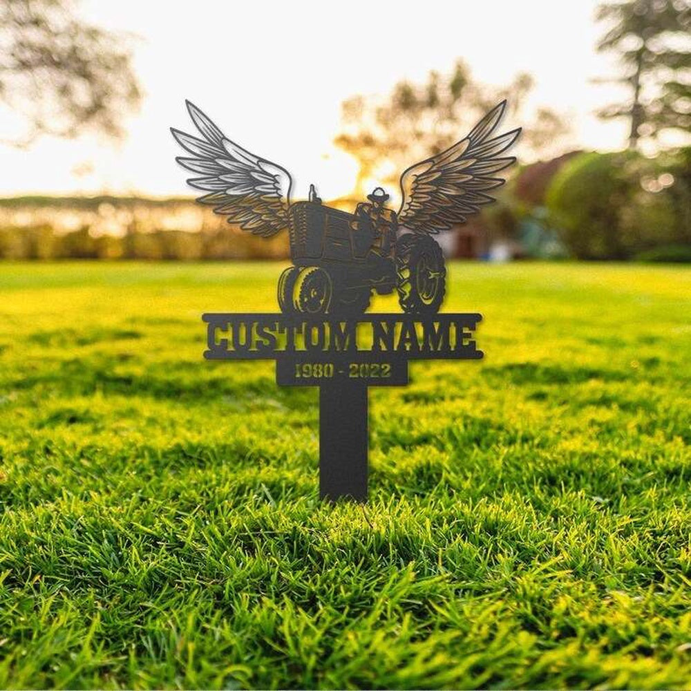 Farm Metal Sign, Personalized Farmer with Wings Memorial Sign Yard Stakes Grave Tractor Marker Cemetery Decor Custom Metal Sign