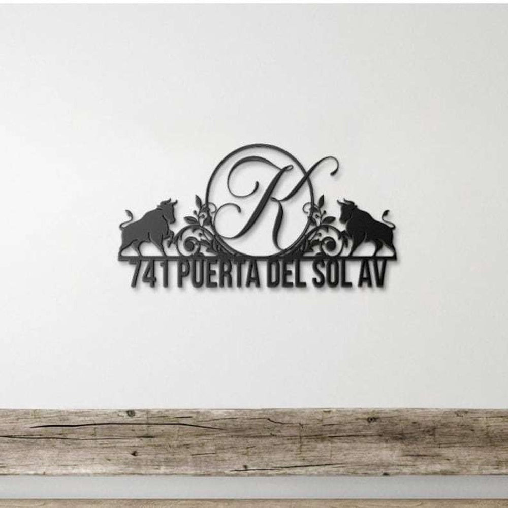 Farm Metal Sign, Personalized Floral Bull Address Sign Initial Letter Monogram House Number Plaque Custom Metal Sign