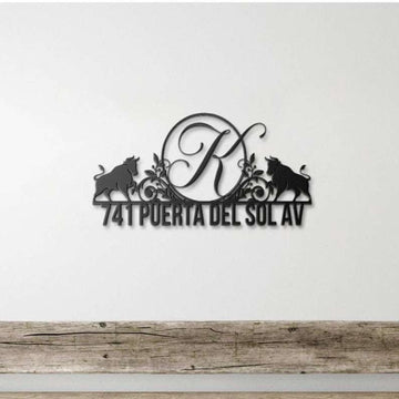 Farm Metal Sign, Personalized Floral Bull Address Sign Initial Letter Monogram House Number Plaque Custom Metal Sign