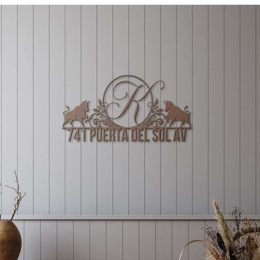 Farm Metal Sign, Personalized Floral Bull Address Sign Initial Letter Monogram House Number Plaque Custom Metal Sign
