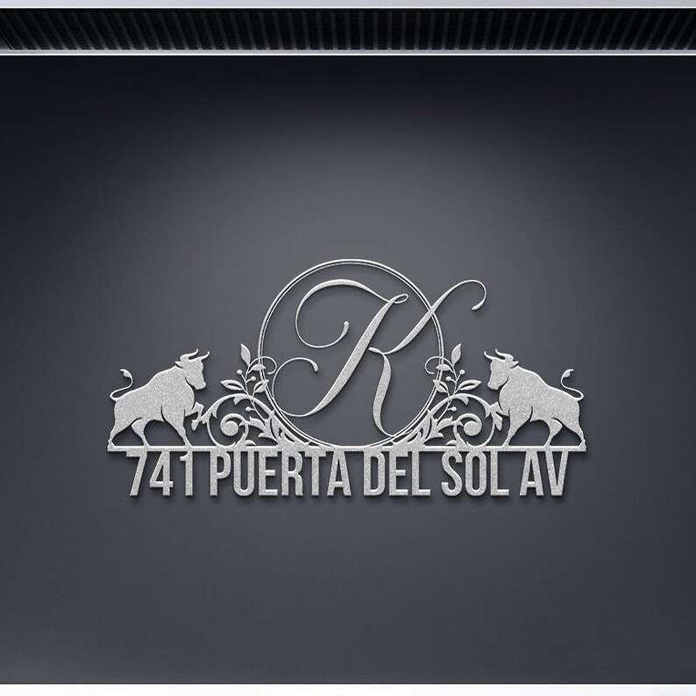 Farm Metal Sign, Personalized Floral Bull Address Sign Initial Letter Monogram House Number Plaque Custom Metal Sign