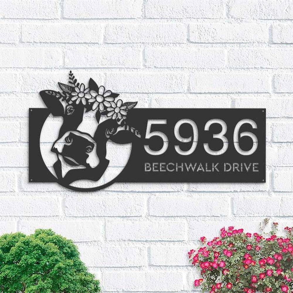 Farm Metal Sign, Personalized Floral Cow Ranch Farmhouse Farm Animal Address Sign House Number Plaque Custom Metal Sign
