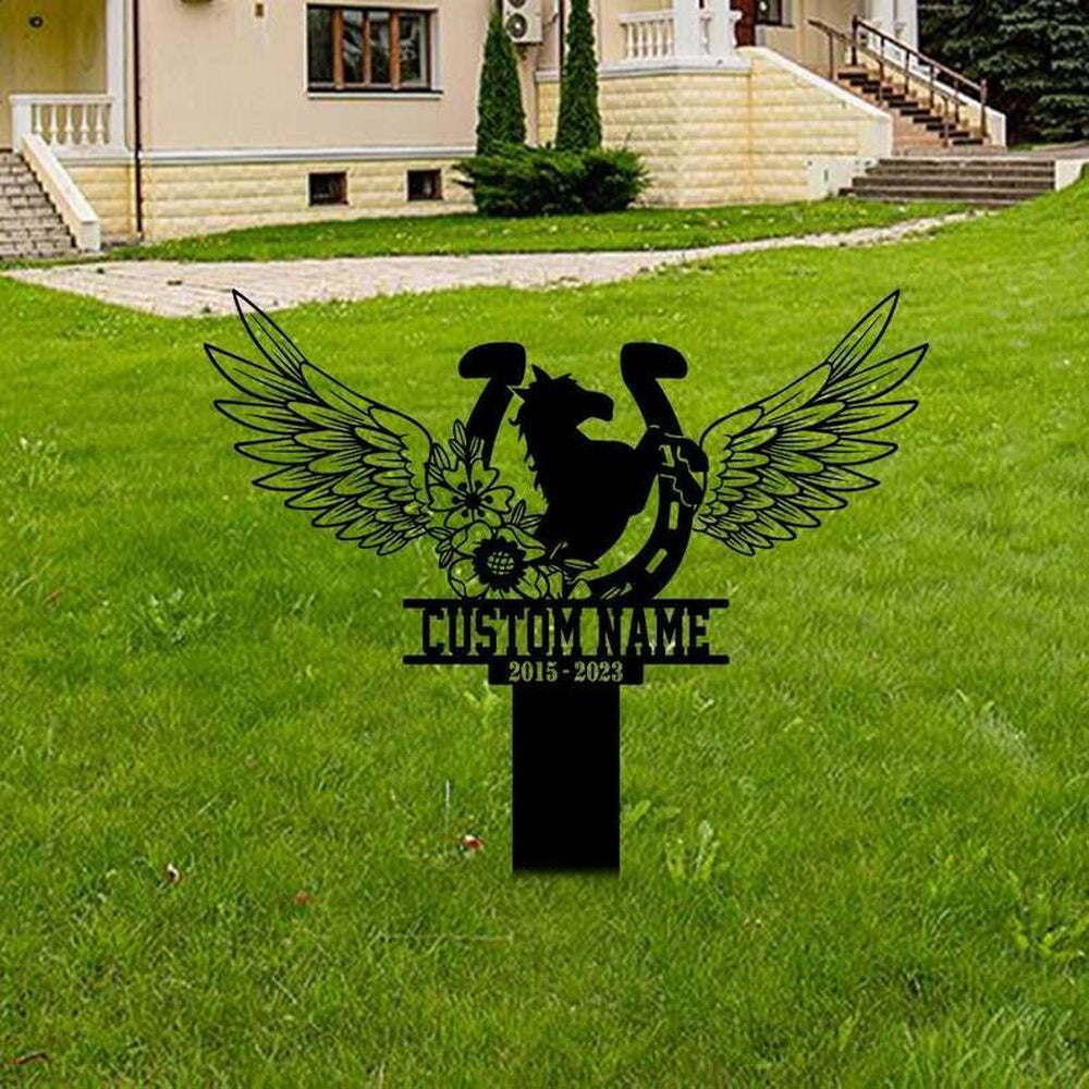 Farm Metal Sign, Personalized Floral Horse with Wings Memorial Sign Yard Stakes Horse Grave Marker Cemetery Decor Custom Metal Sign