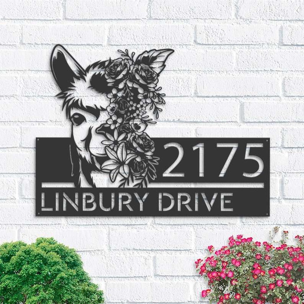 Farm Metal Sign, Personalized Floral Llama Animal Address Sign House Number Plaque Custom Metal Sign