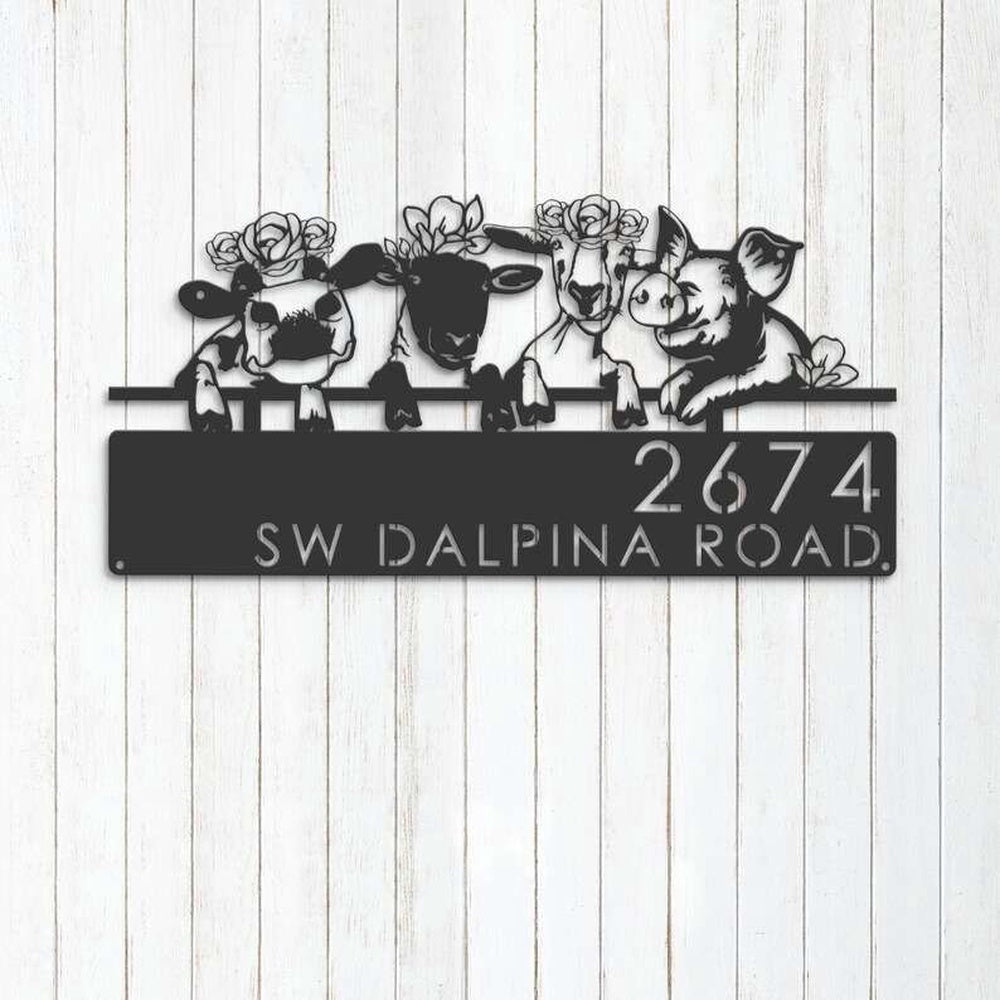 Farm Metal Sign, Personalized Goat Cow Sheep Pig Farmhouse Farm Animals Address Sign House Number Plaque Custom Metal Sign
