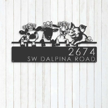 Farm Metal Sign, Personalized Goat Cow Sheep Pig Farmhouse Farm Animals Address Sign House Number Plaque Custom Metal Sign