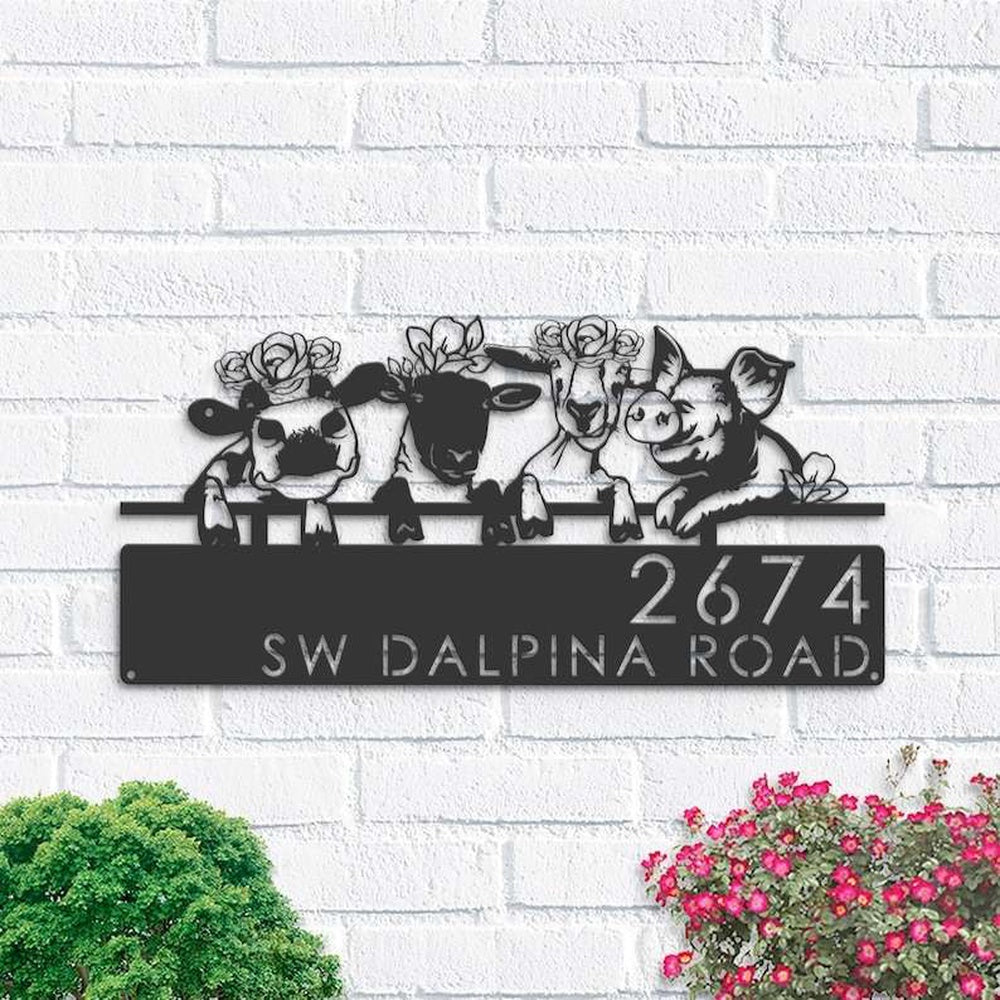 Farm Metal Sign, Personalized Goat Cow Sheep Pig Farmhouse Farm Animals Address Sign House Number Plaque Custom Metal Sign