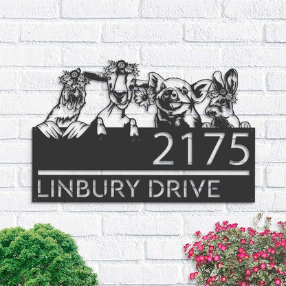 Farm Metal Sign, Personalized Goat Pig Chicken Rabbit Farm Animals Ranch Address Sign House Number Plaque Custom Metal Sign