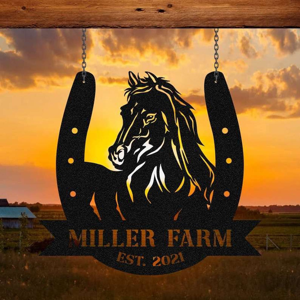 Farm Metal Sign, Personalized Horse Hoof Shoes Monogram Metal Farm Sign Outdoor Farmhouse and Ranch Sign