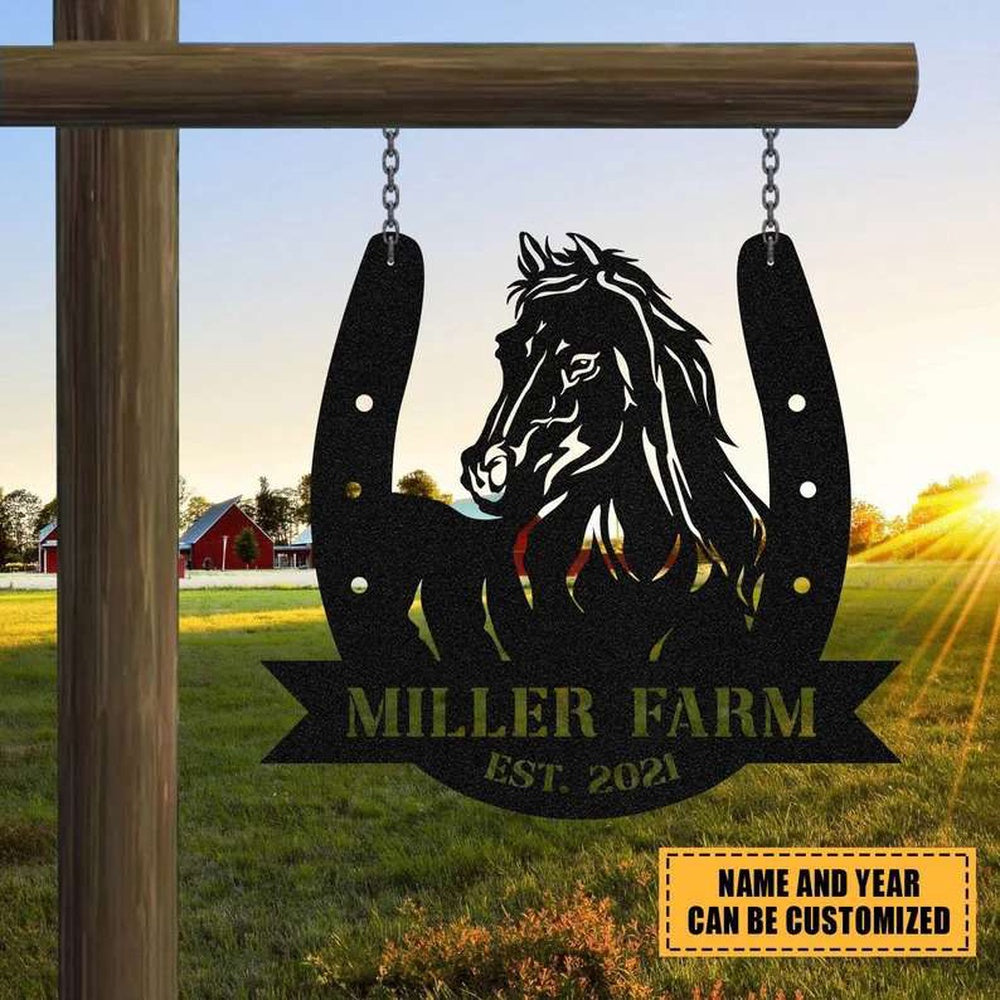 Farm Metal Sign, Personalized Horse Hoof Shoes Monogram Metal Farm Sign Outdoor Farmhouse and Ranch Sign