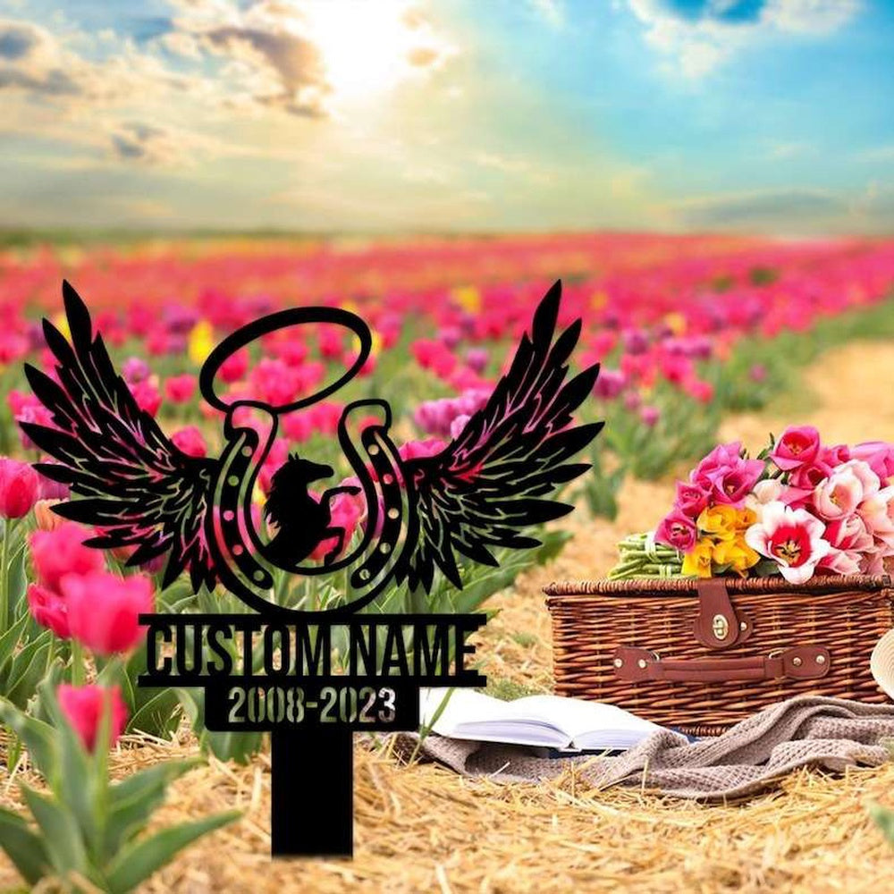 Farm Metal Sign, Personalized Horse Memorial Sign Yard Stakes Horseshoes with Wings Grave Marker Cemetery Decor Custom Metal Sign