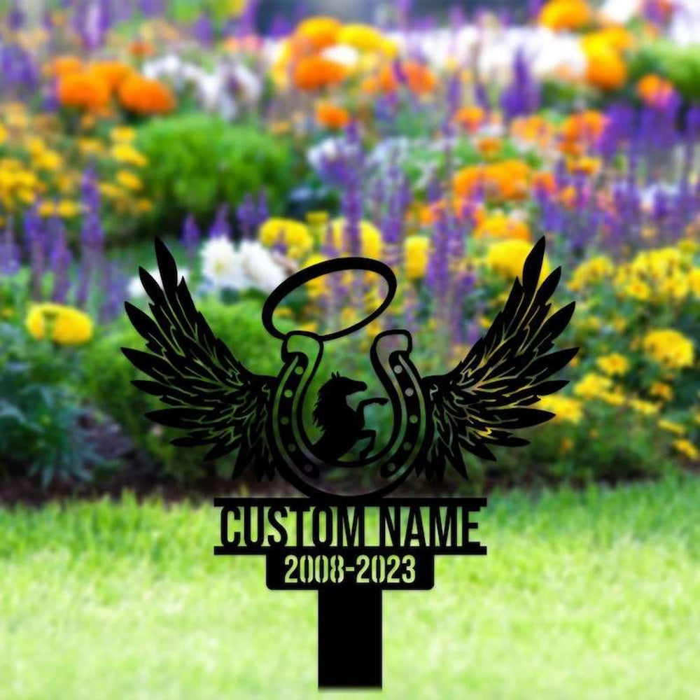 Farm Metal Sign, Personalized Horse Memorial Sign Yard Stakes Horseshoes with Wings Grave Marker Cemetery Decor Custom Metal Sign