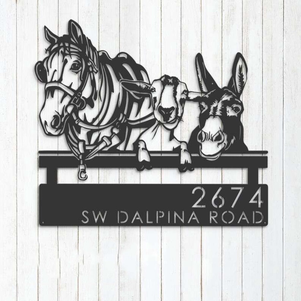 Farm Metal Sign, Personalized Horse Mule Goat Farmhouse Farm Animals Address Sign House Number Plaque Custom Metal Sign