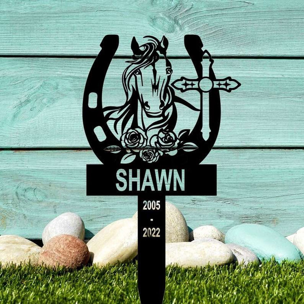 Farm Metal Sign, Personalized Horse Shoes with Cross Memorial Sign Yard Stakes Grave Marker Cemetery Decor Custom Metal Sign