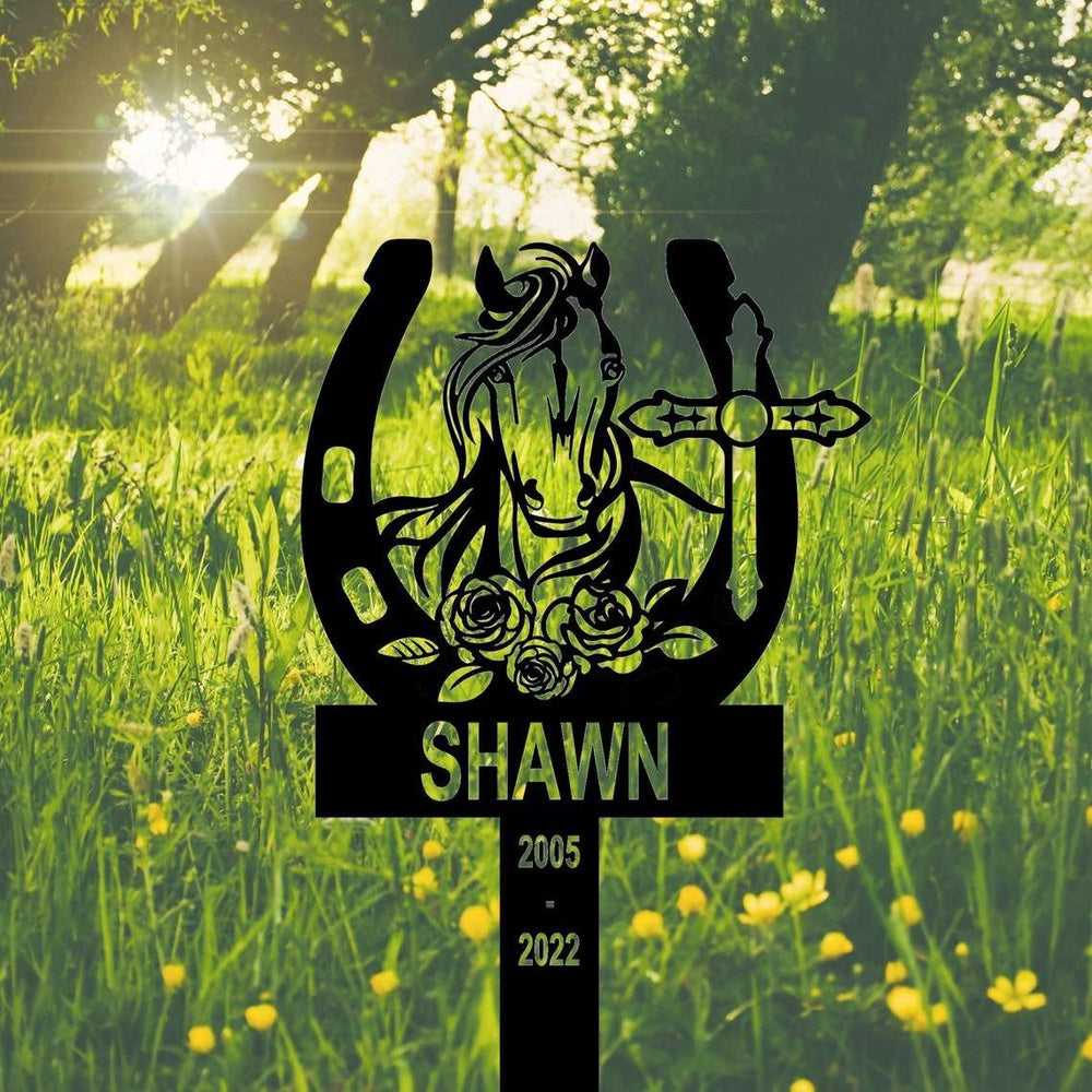 Farm Metal Sign, Personalized Horse Shoes with Cross Memorial Sign Yard Stakes Grave Marker Cemetery Decor Custom Metal Sign