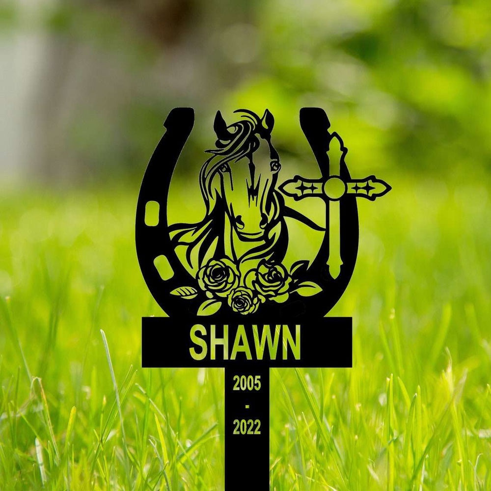 Farm Metal Sign, Personalized Horse Shoes with Cross Memorial Sign Yard Stakes Grave Marker Cemetery Decor Custom Metal Sign