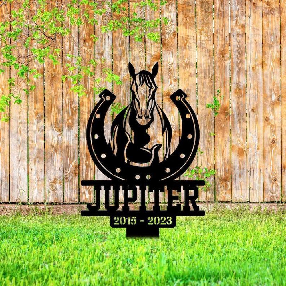 Farm Metal Sign, Personalized Horse With Horseshoe Memorial Sign Yard Stakes Grave Marker Cemetery Decor Custom Metal Sign