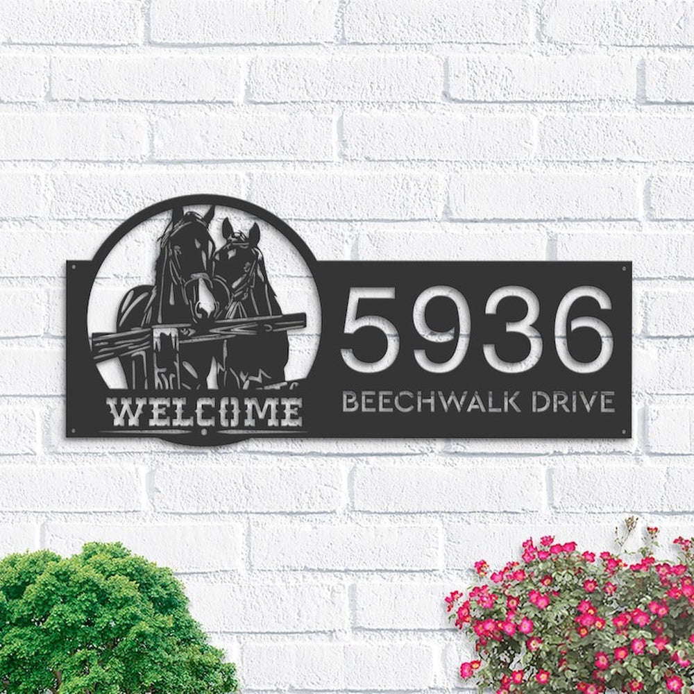 Farm Metal Sign, Personalized Horses Farmhouse Ranch Animal Couple Horse Welcome Address Sign House Number Plaque Custom Metal Sign