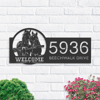 Farm Metal Sign, Personalized Horses Farmhouse Ranch Animal Couple Horse Welcome Address Sign House Number Plaque Custom Metal Sign