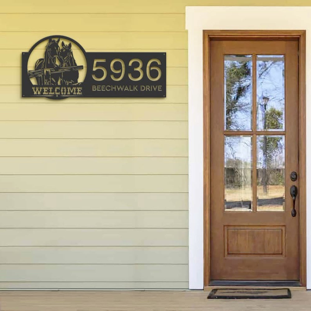 Farm Metal Sign, Personalized Horses Farmhouse Ranch Animal Couple Horse Welcome Address Sign House Number Plaque Custom Metal Sign