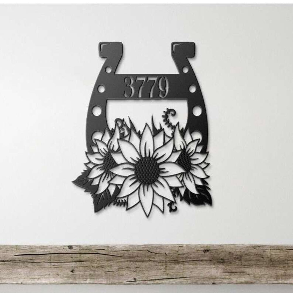 Farm Metal Sign, Personalized Horseshoe Sunflower Address Sign House Number Plaque Custom Metal Sign