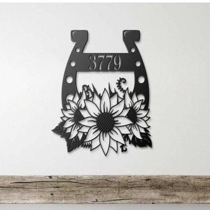 Farm Metal Sign, Personalized Horseshoe Sunflower Address Sign House Number Plaque Custom Metal Sign