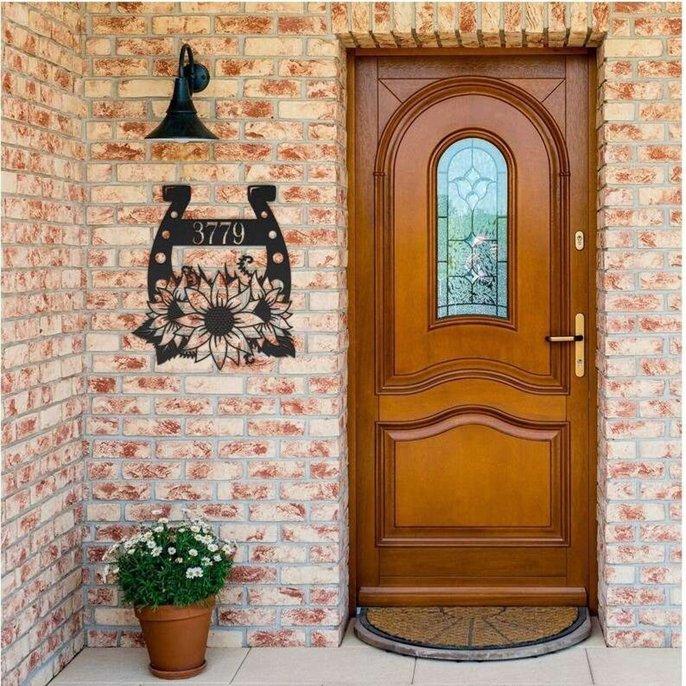 Farm Metal Sign, Personalized Horseshoe Sunflower Address Sign House Number Plaque Custom Metal Sign