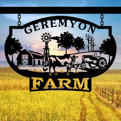 Farm Metal Sign, Personalized Metal Farm Sign Outdoor Farm Decor with Chicken, Cow, Barn, Tractor, and Plaque Design