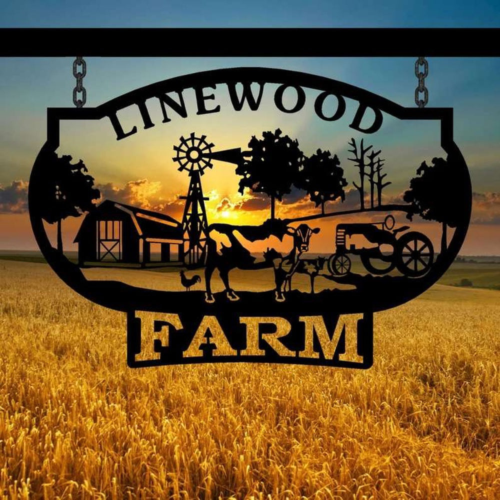 Farm Metal Sign, Personalized Metal Farm Sign Outdoor Farm Decor with Chicken, Cow, Barn, Tractor, and Plaque Design