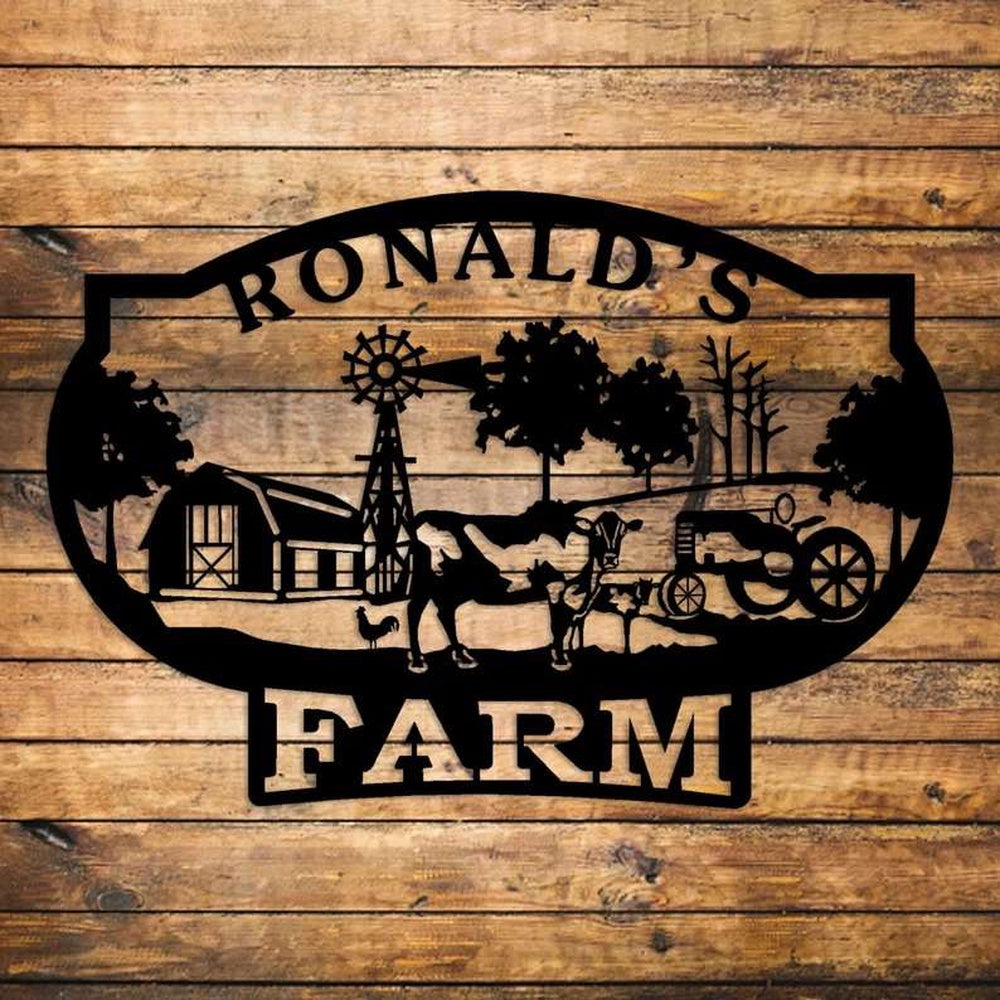Farm Metal Sign, Personalized Metal Farm Sign Outdoor Farm Decor with Chicken, Cow, Barn, Tractor, and Plaque Design