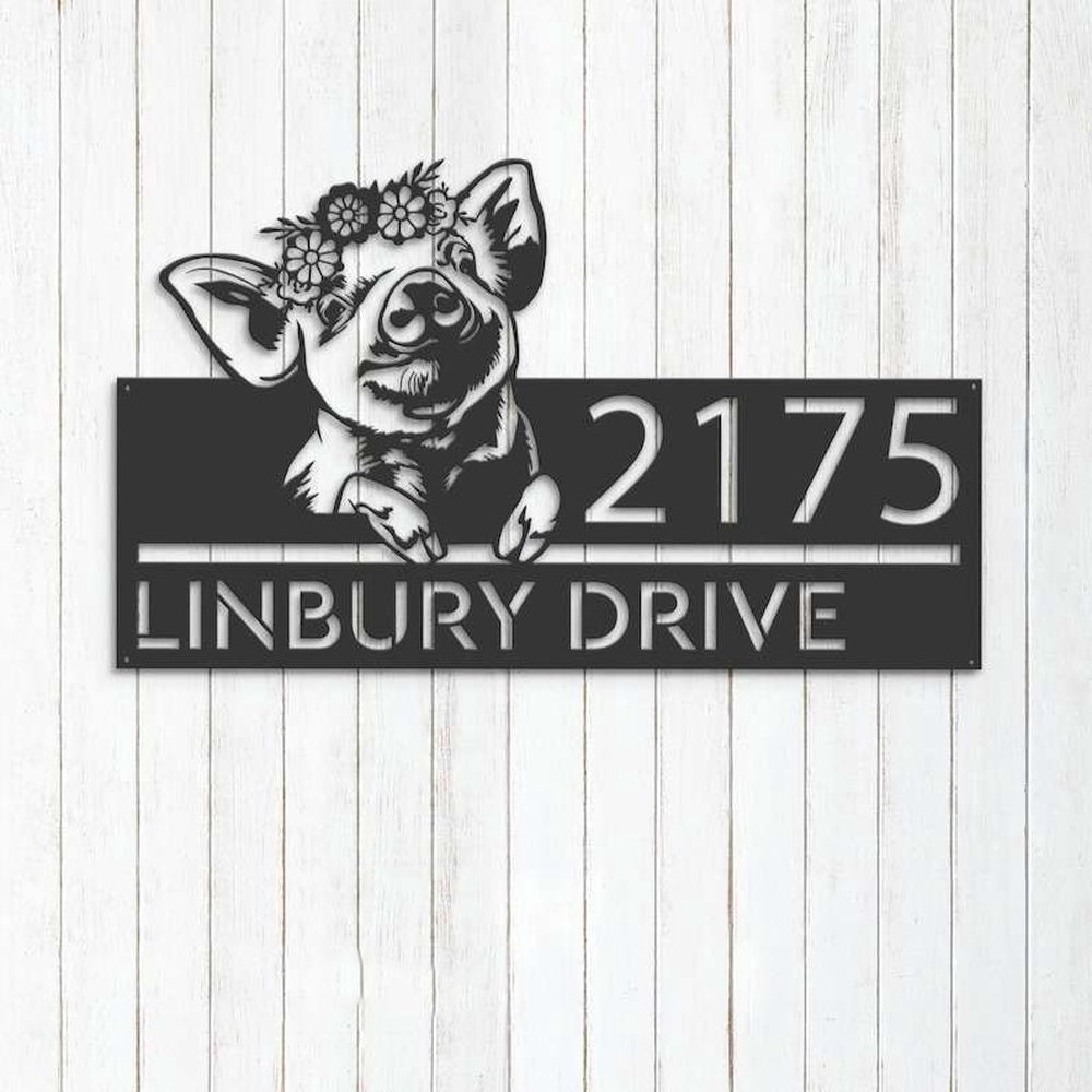 Farm Metal Sign, Personalized Peeking Pig Farm Animal Farmhouse Ranch Address Sign House Number Plaque Custom Metal Sign