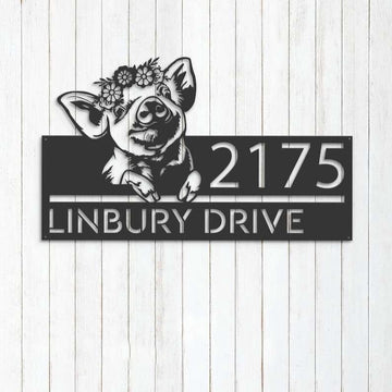 Farm Metal Sign, Personalized Peeking Pig Farm Animal Farmhouse Ranch Address Sign House Number Plaque Custom Metal Sign