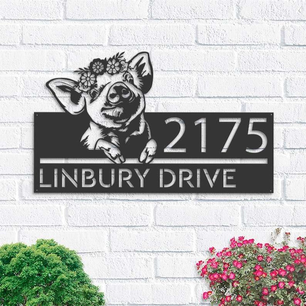 Farm Metal Sign, Personalized Peeking Pig Farm Animal Farmhouse Ranch Address Sign House Number Plaque Custom Metal Sign
