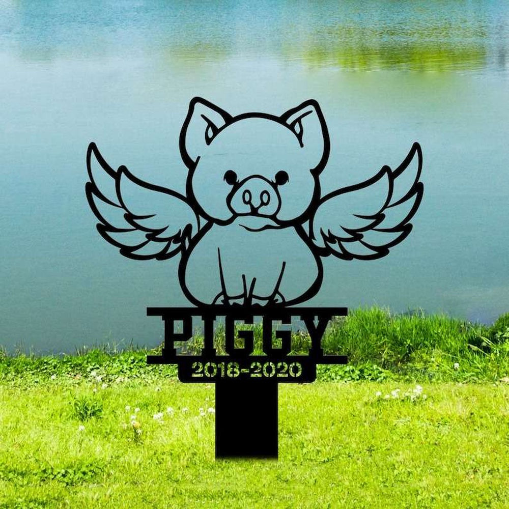 Farm Metal Sign, Personalized Pig with Wings Memorial Sign Yard Stakes Pig Grave Marker Cemetery Decor Custom Metal Sign