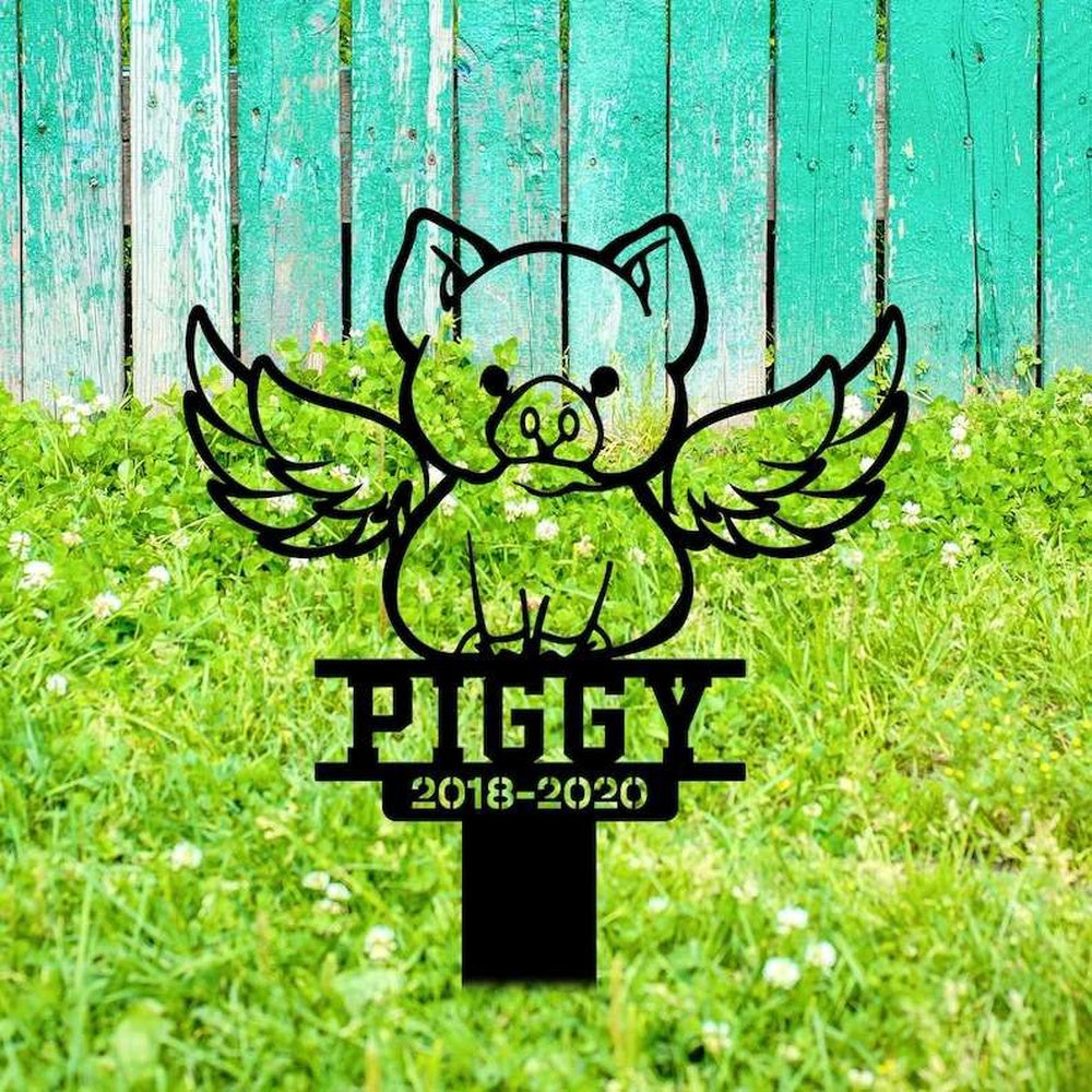 Farm Metal Sign, Personalized Pig with Wings Memorial Sign Yard Stakes Pig Grave Marker Cemetery Decor Custom Metal Sign