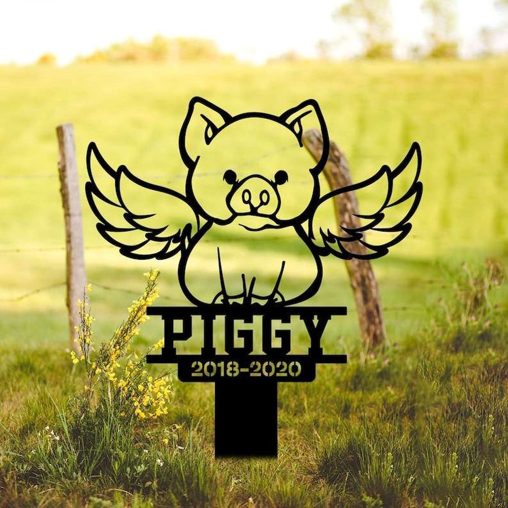 Farm Metal Sign, Personalized Pig with Wings Memorial Sign Yard Stakes Pig Grave Marker Cemetery Decor Custom Metal Sign