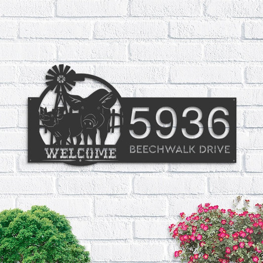 Farm Metal Sign, Personalized Pigs Farmhouse Animal Ranch Address Sign House Number Plaque Custom Metal Sign