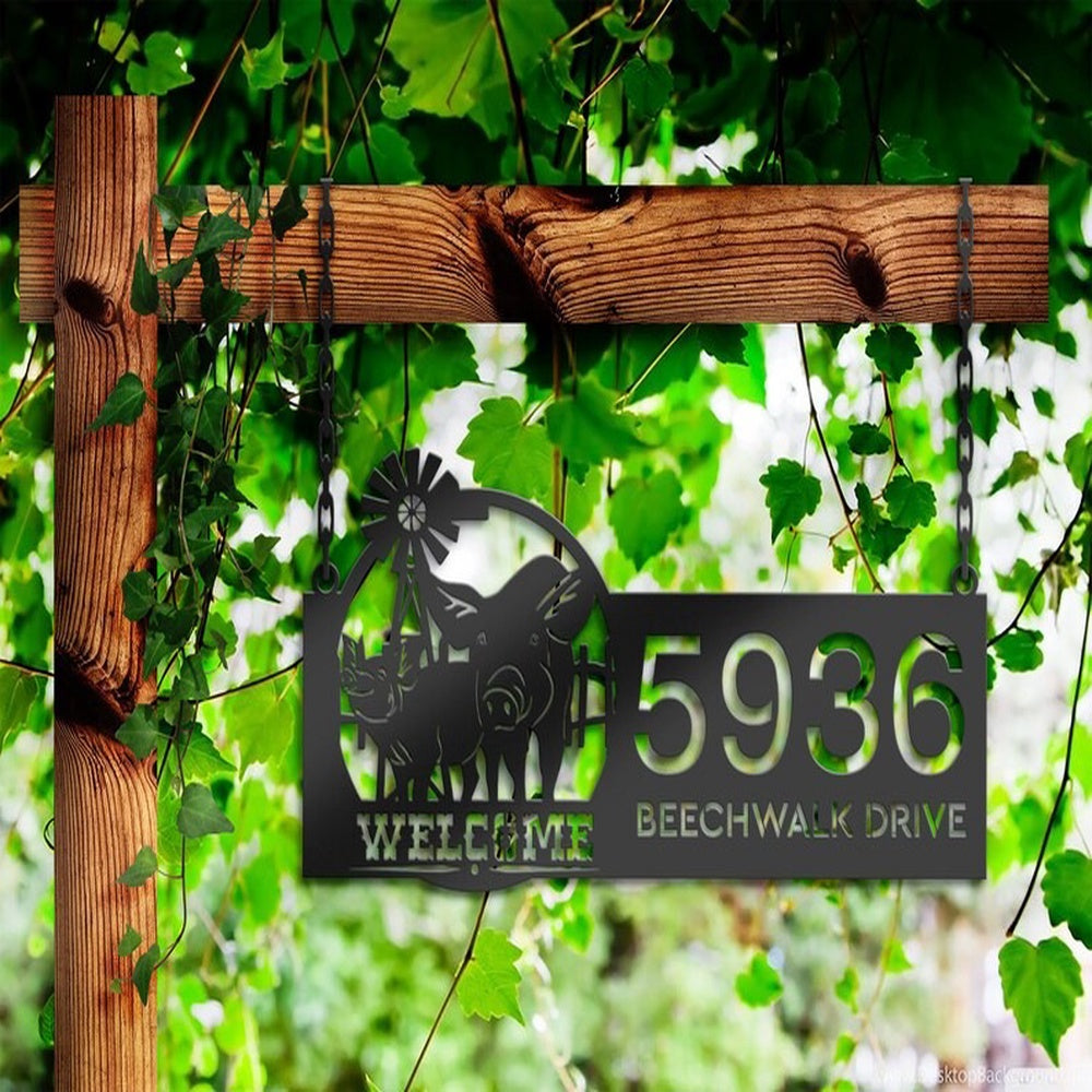 Farm Metal Sign, Personalized Pigs Farmhouse Animal Ranch Address Sign House Number Plaque Custom Metal Sign