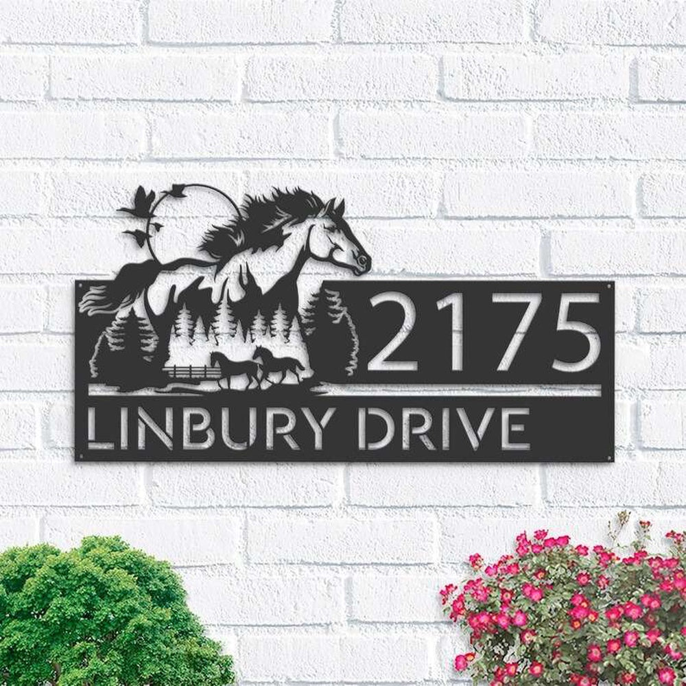 Farm Metal Sign, Personalized Running Horse Mountain Forest Scene Address Sign House Number Plaque Custom Metal Sign