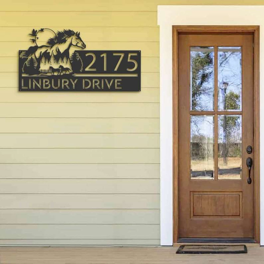 Farm Metal Sign, Personalized Running Horse Mountain Forest Scene Address Sign House Number Plaque Custom Metal Sign