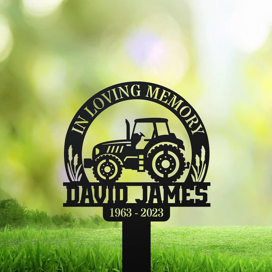 Farm Metal Sign, Tractor on Field Farmer Grave Marker Metal Garden Stakes Farmer Dad Memorial