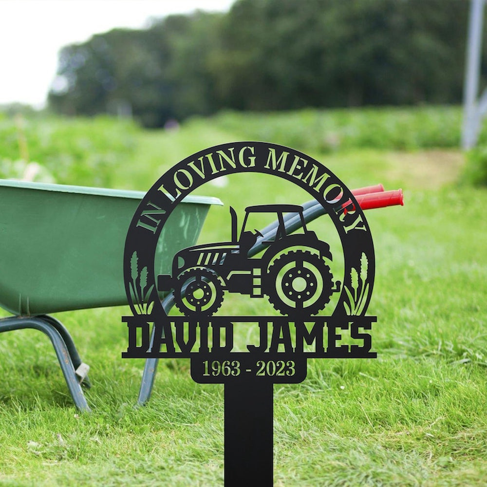Farm Metal Sign, Tractor on Field Farmer Grave Marker Metal Garden Stakes Farmer Dad Memorial