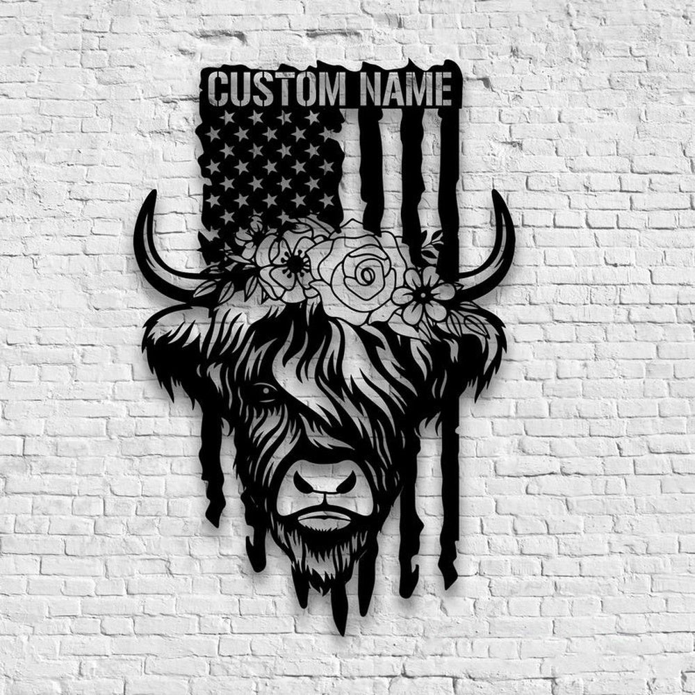 Farm Metal Sign, US Flag Highland Cow Heifer Farm Custom Metal Signs