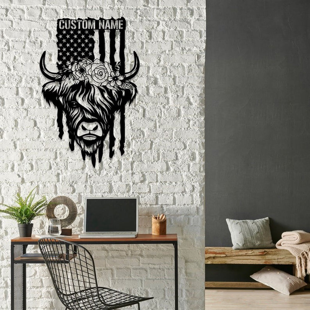 Farm Metal Sign, US Flag Highland Cow Heifer Farm Custom Metal Signs