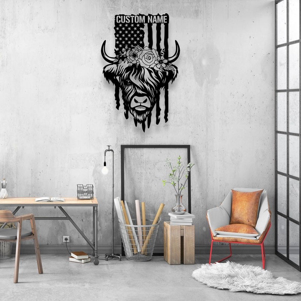 Farm Metal Sign, US Flag Highland Cow Heifer Farm Custom Metal Signs